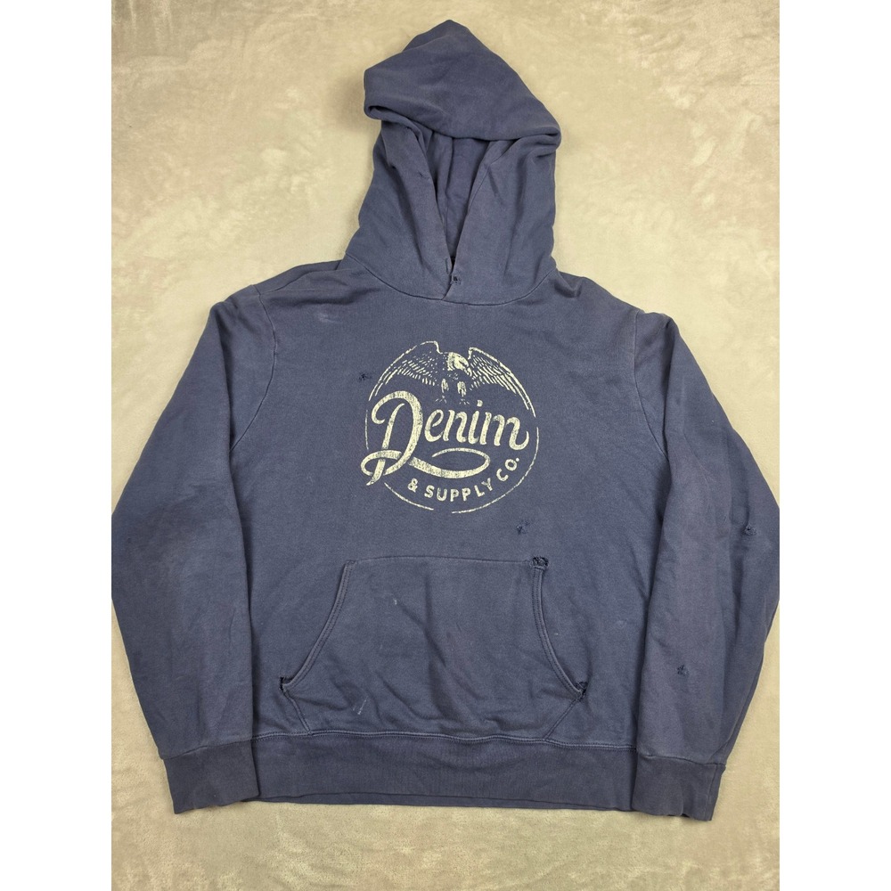 Denim & Supply Ralph Lauren Hoodie Men XXL Blue Distressed Thrashed Sweatshirt